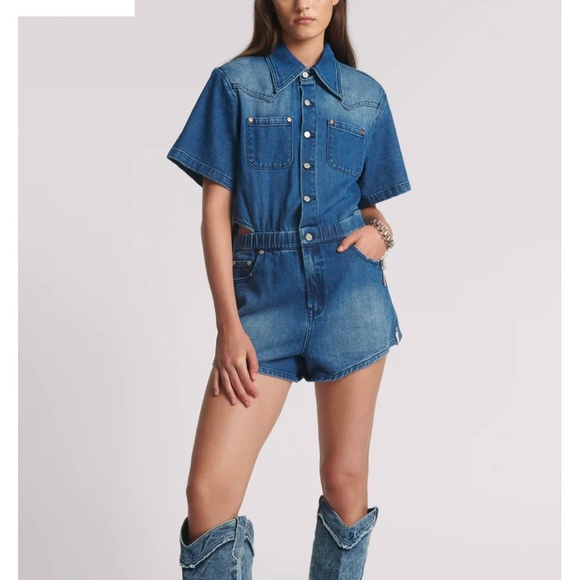 One Teaspoon Pants - One Teaspoon Denim Jumpsuit Short Sleeve Button Down Medium Wash Elastic Waist
